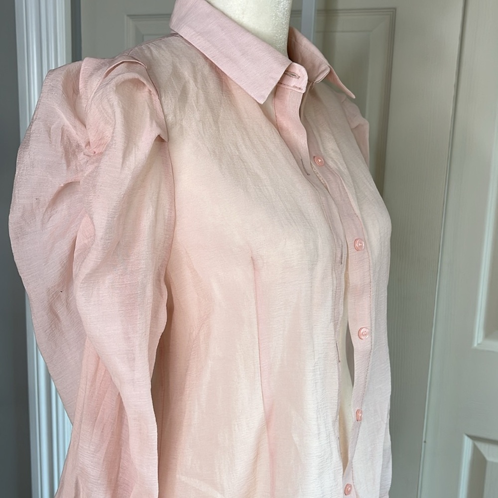 Mello Pink Semi-Sheer Puff Sleeve Button Down Blouse Size S NWT - Picture 6 of 10